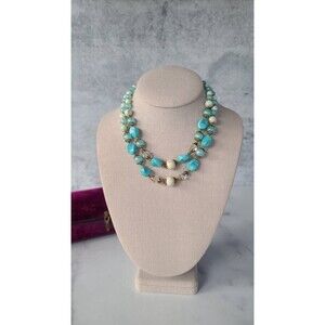 Double-Stranded Aqua and White Beaded Necklace